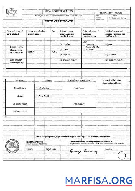 Realistic Australia New South Wales birth certificate template in Word format, version 1
